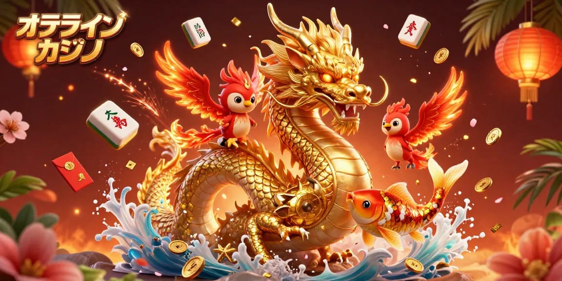 オンラインカジノでのゲームアクションを象徴する黄金のドラゴンと不思議なキャラクターが描かれたイラスト