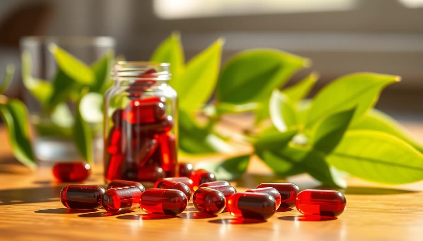 Astaxanthin for dry eyes - vibrant capsules resting on a wooden table, surrounded by greenery.