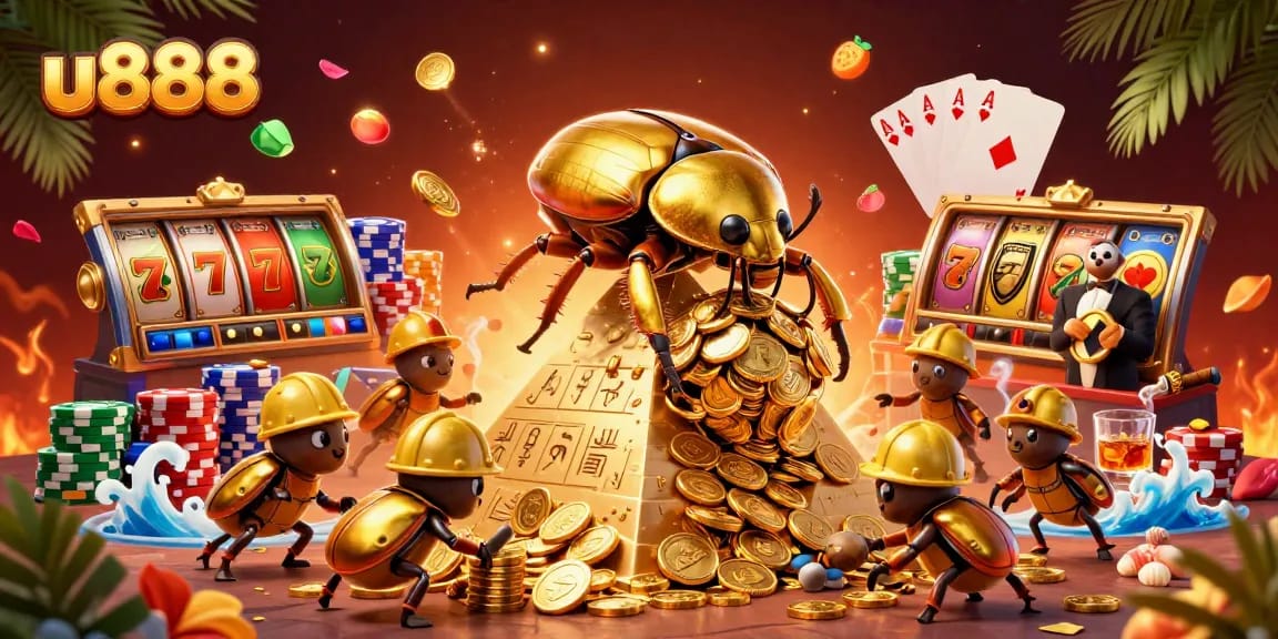 Experience the thrilling excitement of u888 with a golden beetle and rich casino elements.