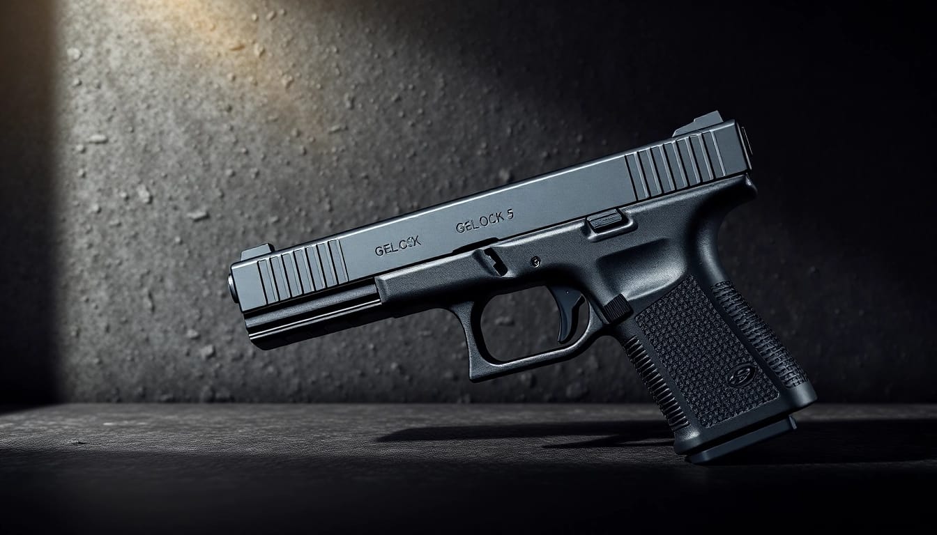 Examine the precision of a glock 17 gen 5 slide showcasing its intricate design and metallic finish.