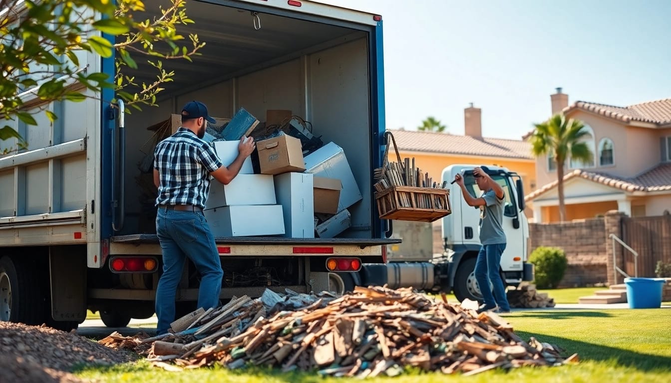 Efficient junk removal Phoenix AZ team clearing debris from a residential yard.