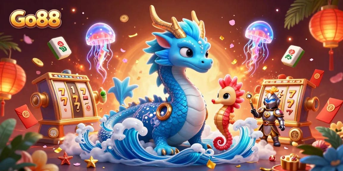 Win big at Go88 with the vibrant illustration of a fantasy gaming realm showcasing dynamic casino elements.