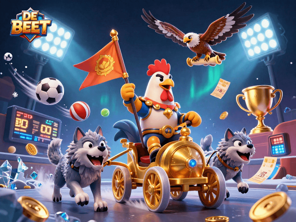 Engage with DE BET in this dynamic 3D casino adventure featuring sports elements and a powerful rooster warlord.