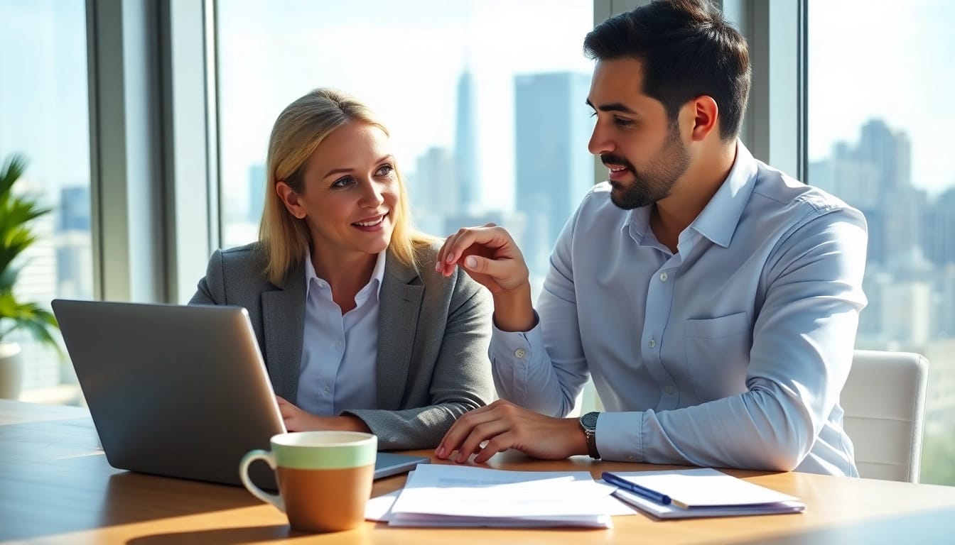 Understand the NY maintenance calculator through a professional couple's discussion in a bright office.