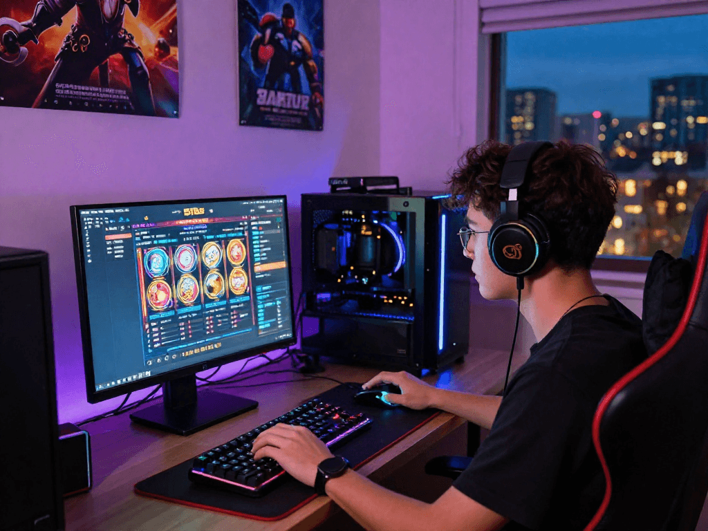 Pengguna situs slot bermain dengan fokus di depan layar komputer, aksesori gaming di sekitar.