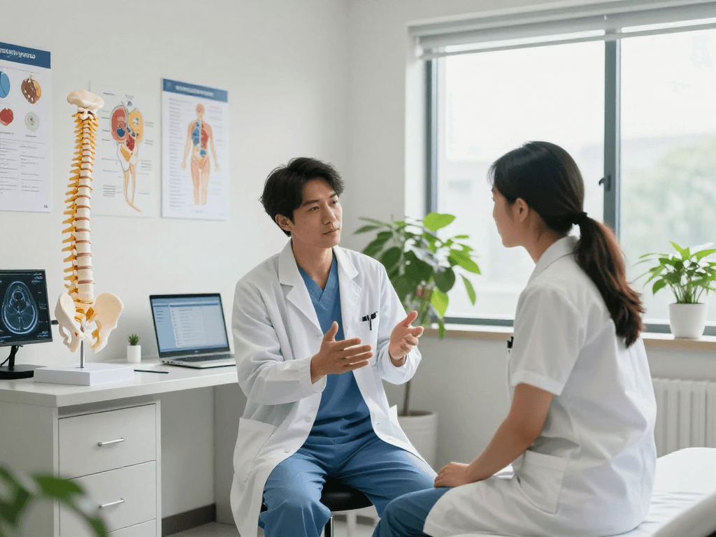 Bel fıtığı ameliyatı consultation in a modern medical clinic with patient and surgeon.