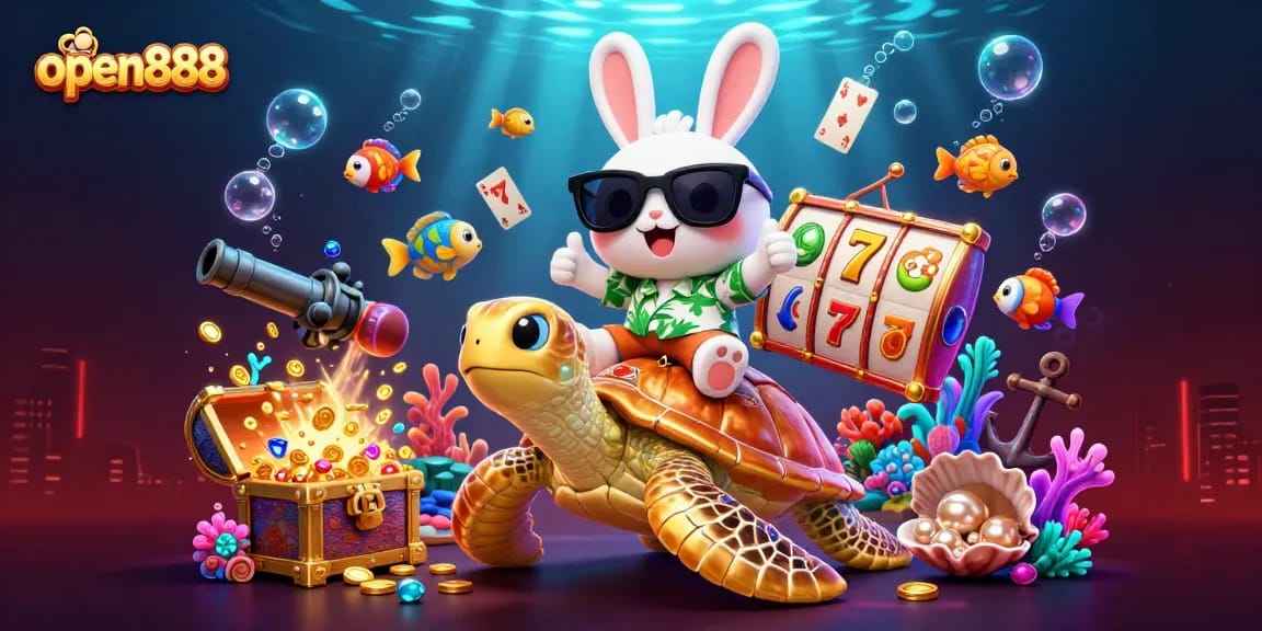 Experience excitement with open888 as a lucky rabbit rides a golden turtle in a vibrant casino underwater scene.