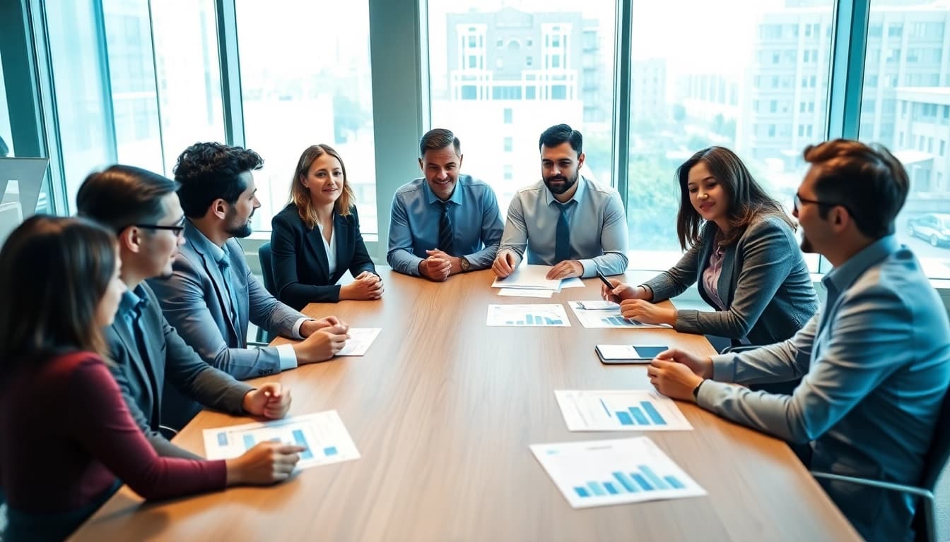 Engaged professionals discussing Federal and State contracts and grants in a modern meeting room.