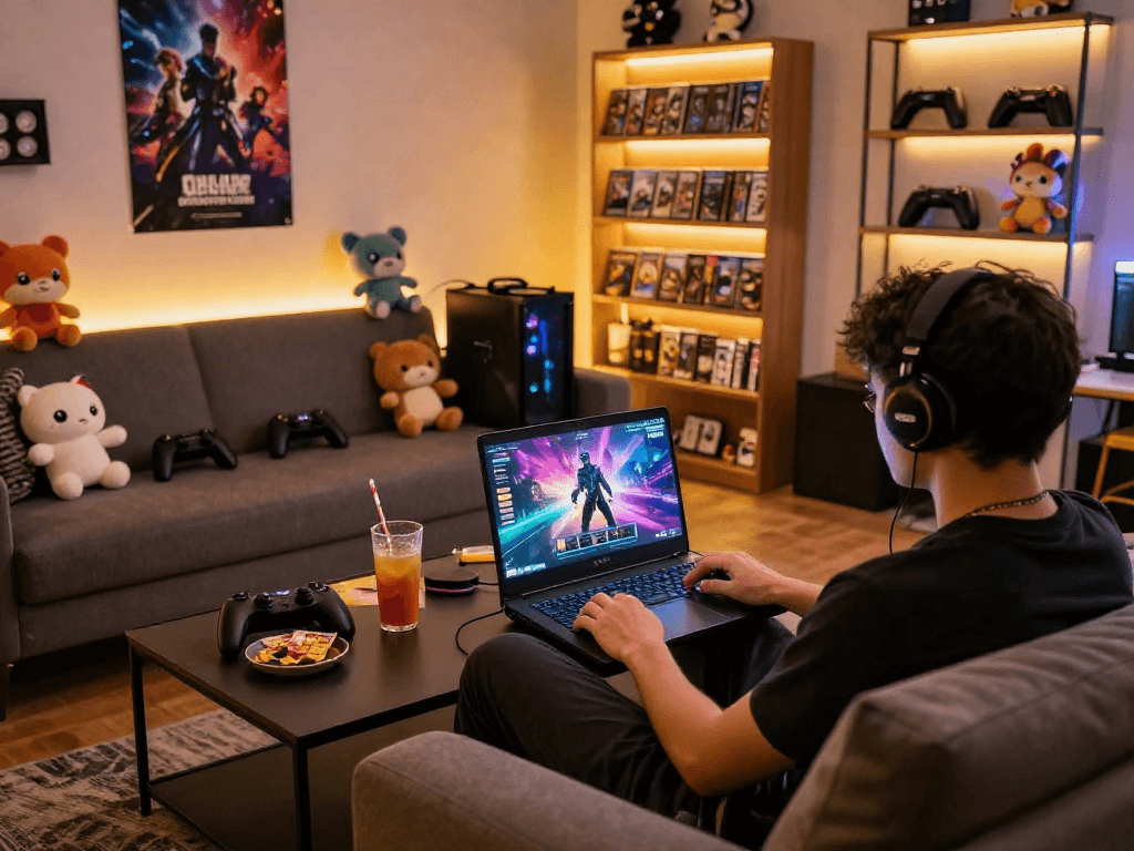 Engaging scene of a person enjoying a porn game on a laptop in a cozy gaming lounge with colorful graphics.