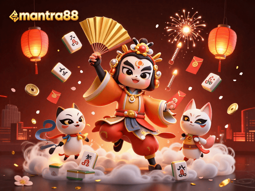 Experience exciting gameplay with mantra88 as a kabuki warrior and lucky symbols surround the action in this vibrant illustration.