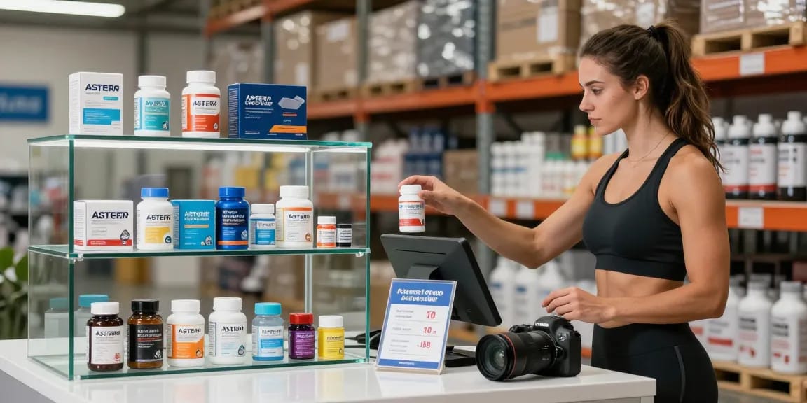Astera Shop offering a diverse range of steroids and supplements in a sleek display