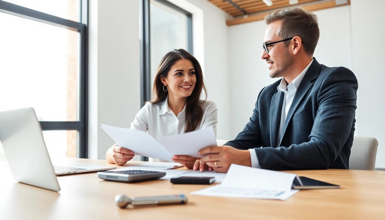 Calculate your NY post-divorce maintenance calculator with a professional couple at a desk.