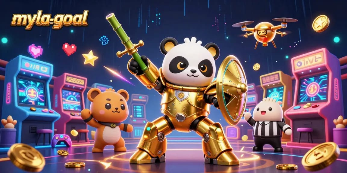 Engage in the thrilling world of myla-goal with a golden panda pilot, vibrant casino-themed gaming elements, and an electric atmosphere.