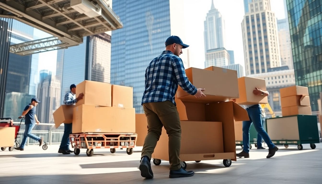 Efficient Office Moving Services NYC with professional movers working in a vibrant New York City environment.