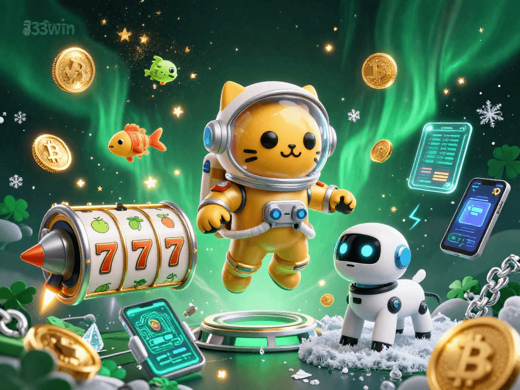 Experience exciting gameplay at 33win with captivating slot reels and Bitcoin elements in a dynamic 3D scene.