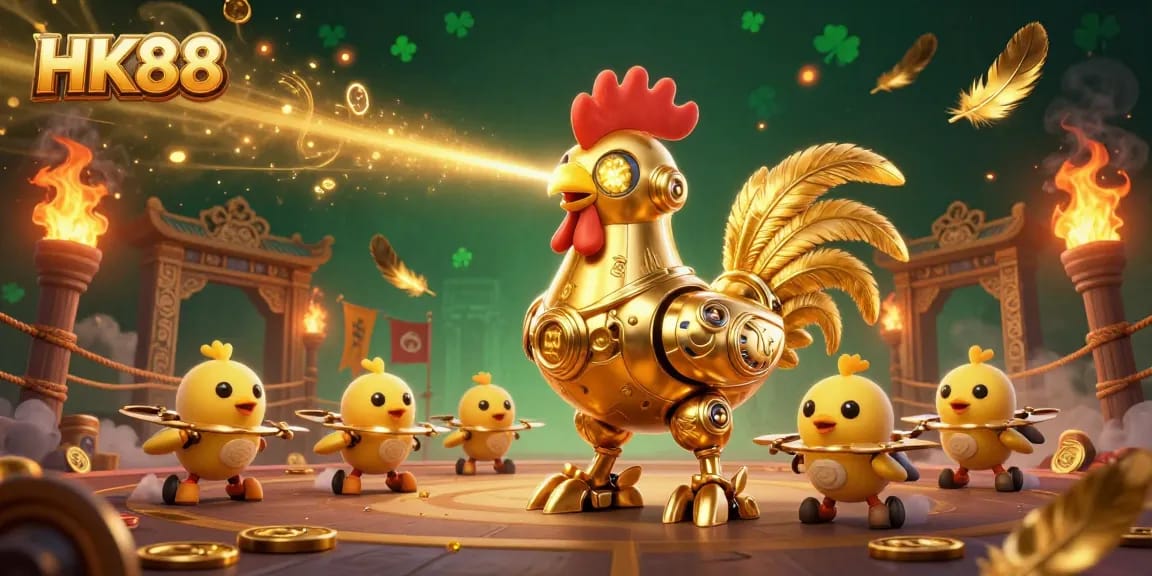 HK88 features a dazzling golden rooster robot in a vibrant casino scene showcasing thrilling betting tokens and ember effects.