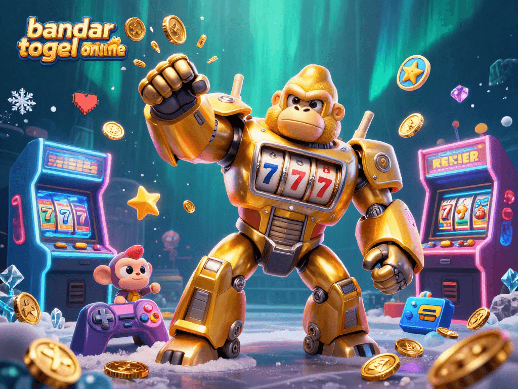 Experience the thrill with bandar togel online showcasing vibrant HD casino elements and a dynamic gorilla mech.