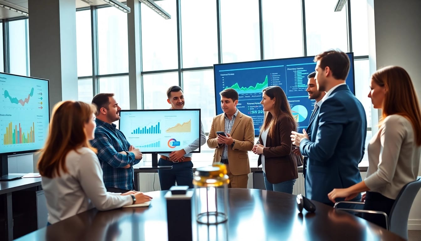 Team of professionals at a performance marketing agency collaborating around digital analytics screens.