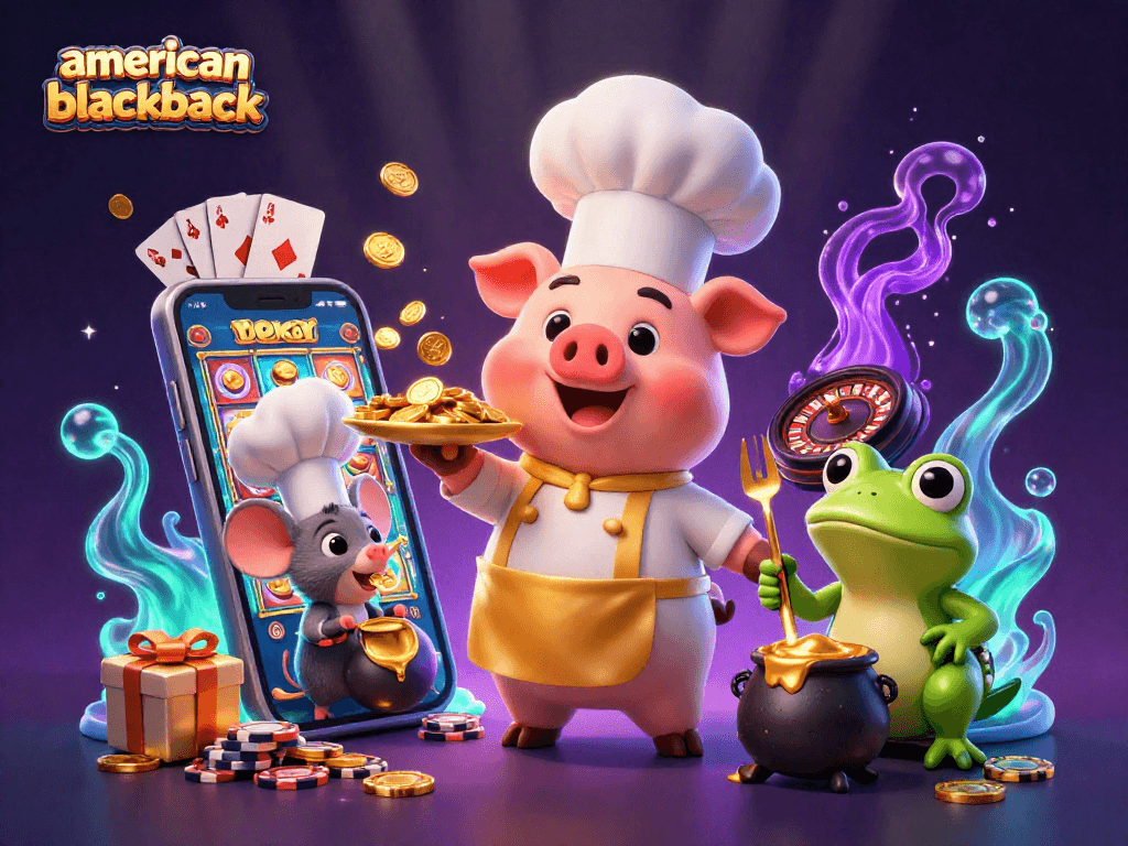 Experience the thrill of american-blackjack with vibrant characters and dynamic gaming elements in a 3D casino scene.