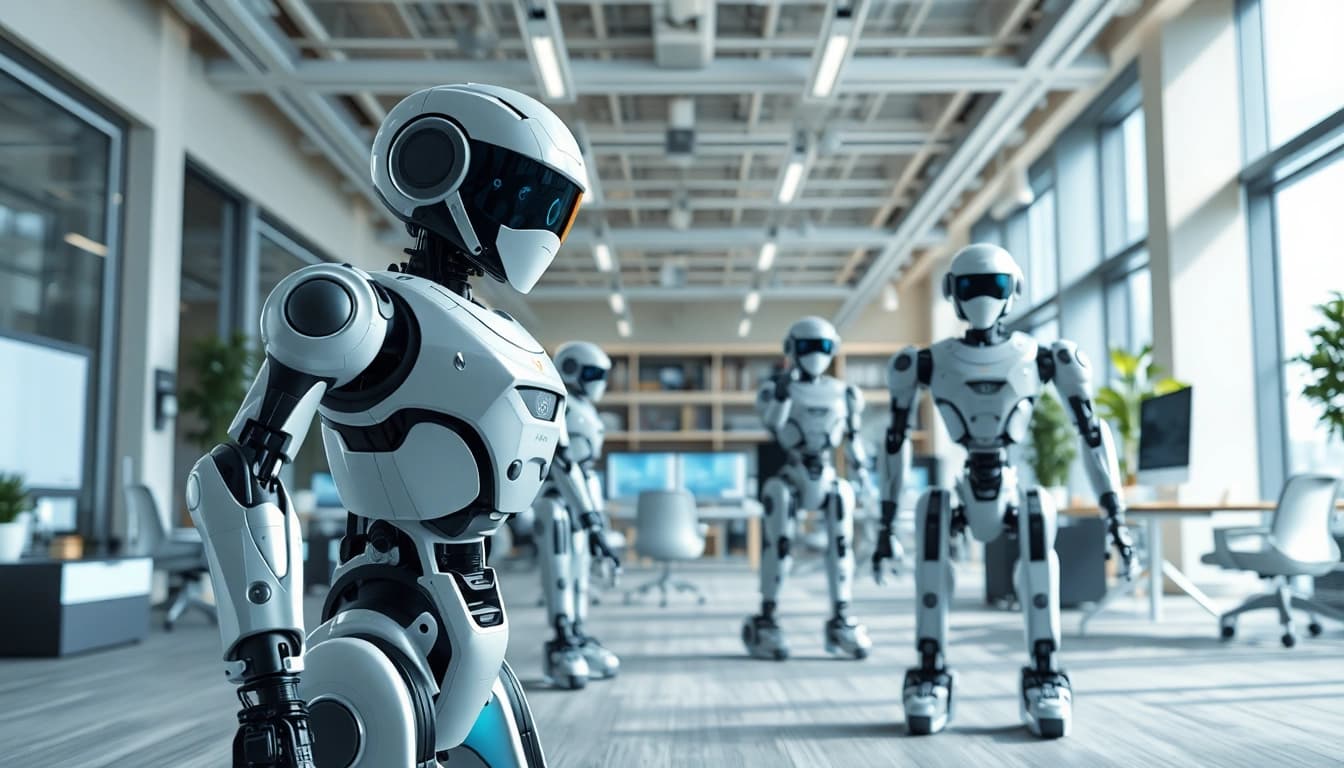 Engaged Ai Bots performing tasks in a modern workspace setting, showcasing advanced technology.