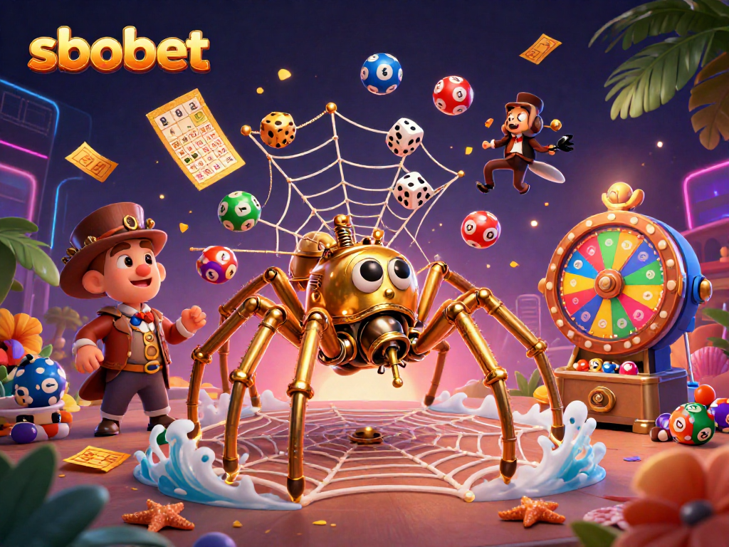 Experience sbobet betting with a steampunk spider trapping dice in its web, surrounded by lottery excitement.