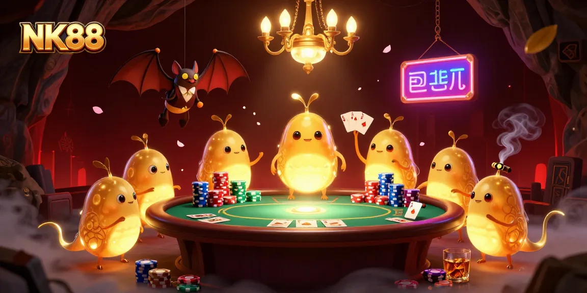 Experience thrilling poker action at NK88 casino, illuminated by glowworms in a vibrant cave scene.