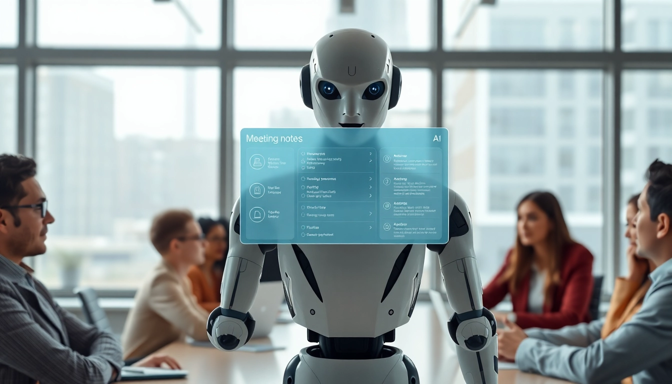 AI that handles meeting follow ups visualized through a futuristic AI assistant in a collaborative office.