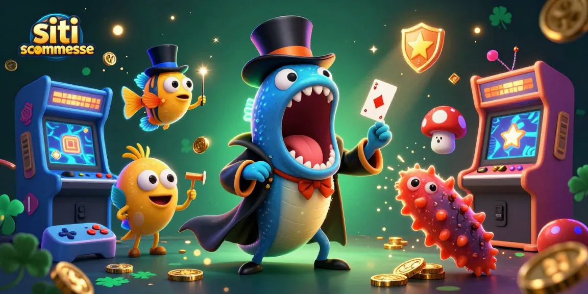 Scommetti sui siti scommesse con un'illustrazione di creature marine che giocano a carte e fanno magie.