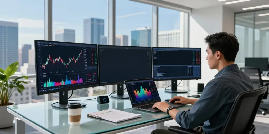 Real-time 美股API trading analysis with cryptocurrency charts in a modern office.
