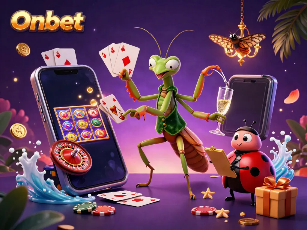 Onbet engages players with an exciting casino scene featuring dynamic characters and vibrant games.