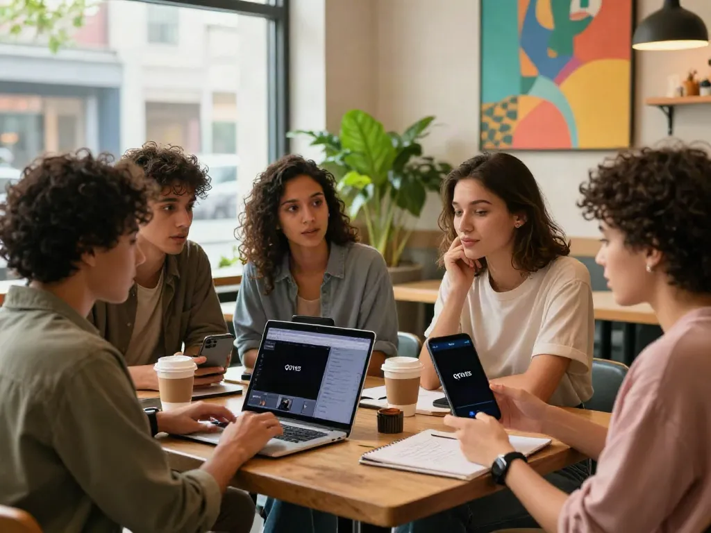 Group comparing alternatives to QOVES at a trendy cafe