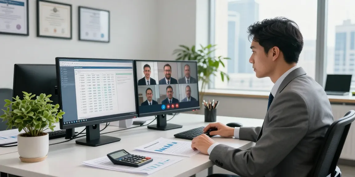 Professional accountant providing Accounting Services in Dubai in a modern office setting, engaged in video conferencing.