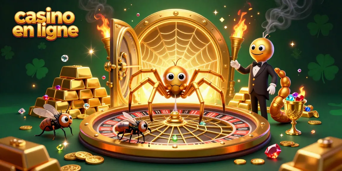 Illustration captivante de casino en ligne avec une araignée dorée et une roue de roulette en or.