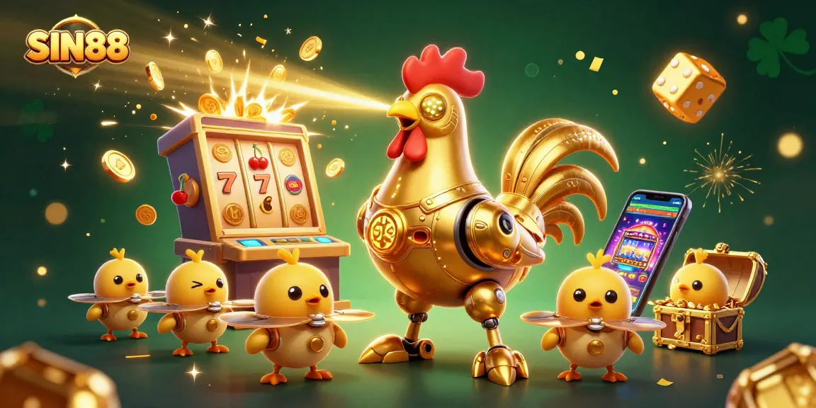 SIN88 captures a golden rooster robot amidst animated slot machine jackpots and casino elements
