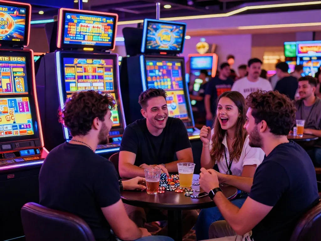 Friends excitedly playing slot gacor in a vibrant casino with colorful lights.