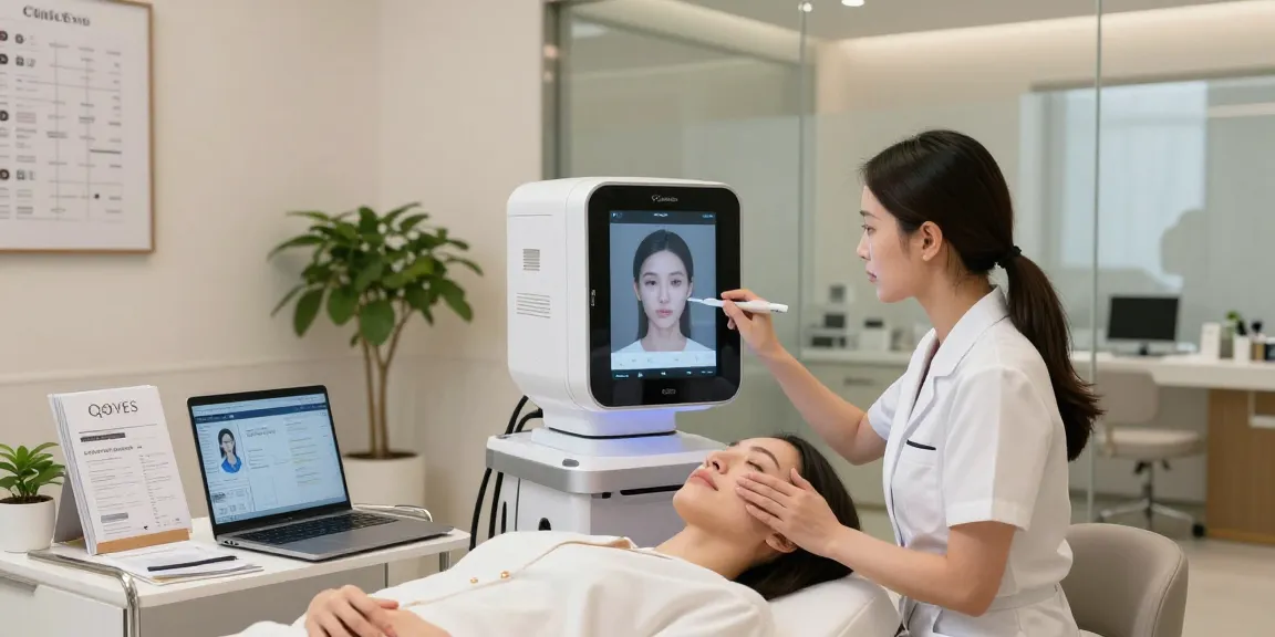 ClinicEvo vs QOVES advanced facial analysis session with an aesthetician using AI technology.