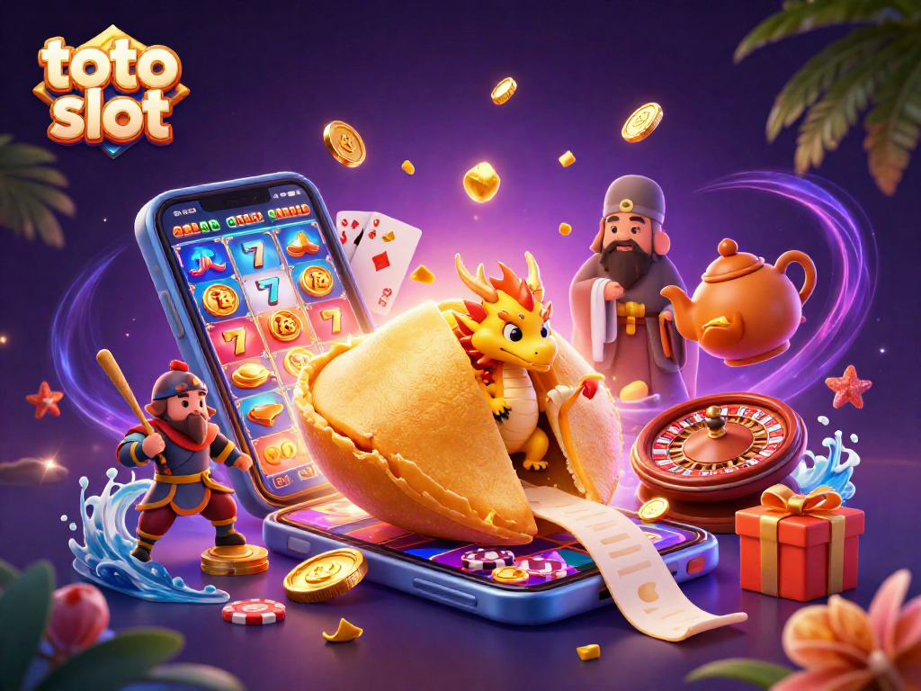 Menang main toto slot sambil dikelilingi keberuntungan dan harta melimpah dalam ilustrasi yang ceria.