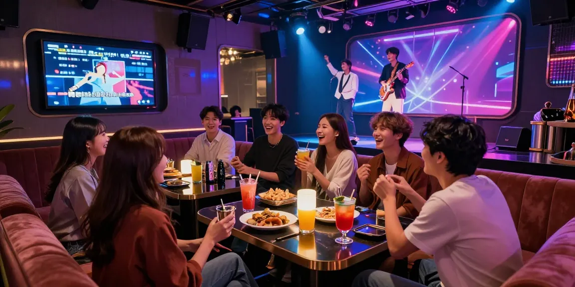 인천쓰리노에서 즐거운 시간을 보내는 친구들, 활기찬 분위기와 화려한 조명 속에서 즐기는 노래와 음료.