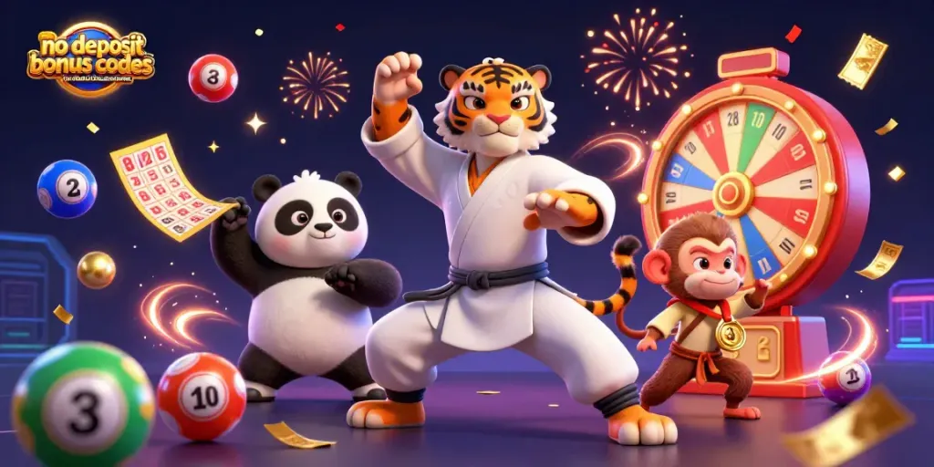 Engage with no deposit bonus codes for black lotus casino while enjoying a vibrant 3D illustration of a kung fu tiger, panda, and monkey amidst dynamic gaming elements.