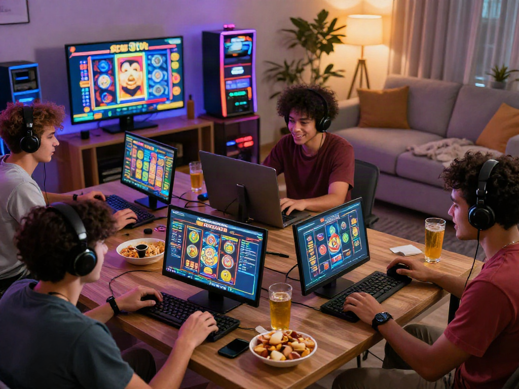 Situs Toto players enjoying an interactive gaming session with vibrant screens and snacks in a cozy living room.