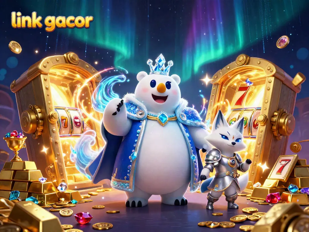 Spin the reels and unlock treasures with link gacor showcasing a polar bear king and silver fox amid gold coins.