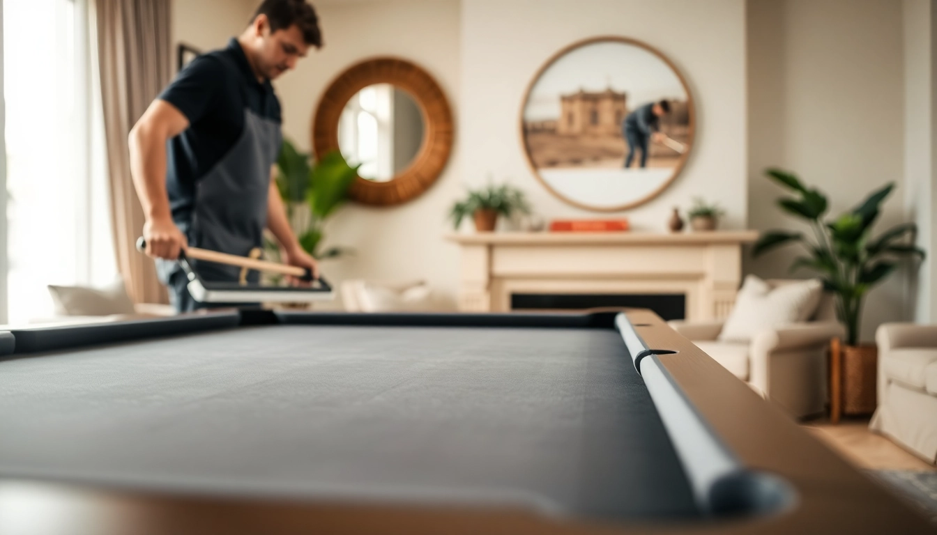 Pool table mover efficiently relocating a slate pool table in a cozy living room.