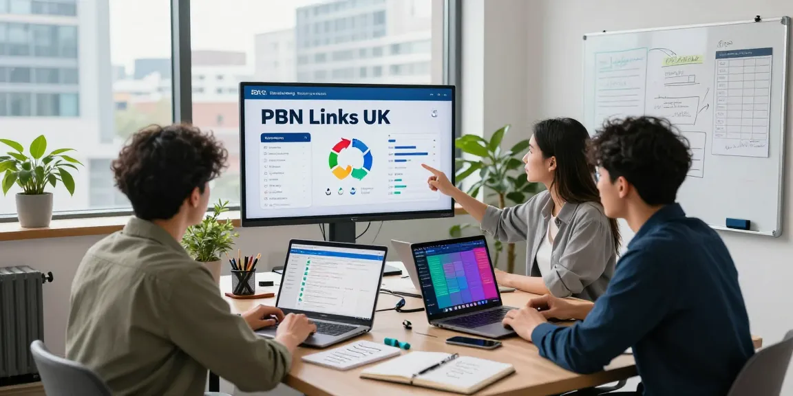 PBN links UK digital marketing strategy session with professionals analyzing SEO metrics.