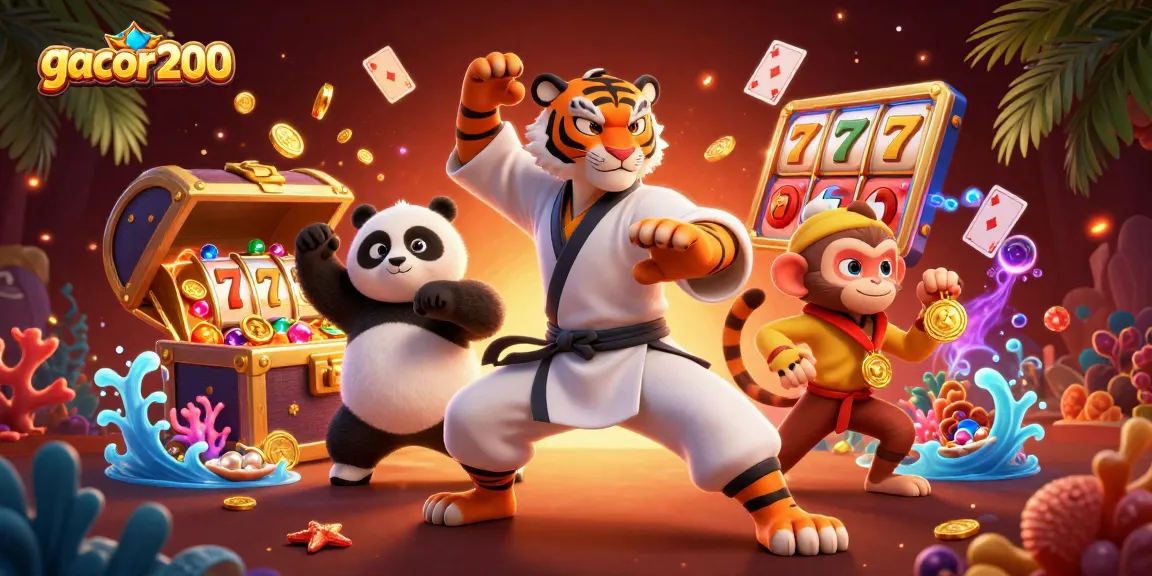 Gacor200 menghadirkan ilustrasi menarik dengan karakter kung fu menangkap medali emas di tengah slot jackpot dan harta karun.