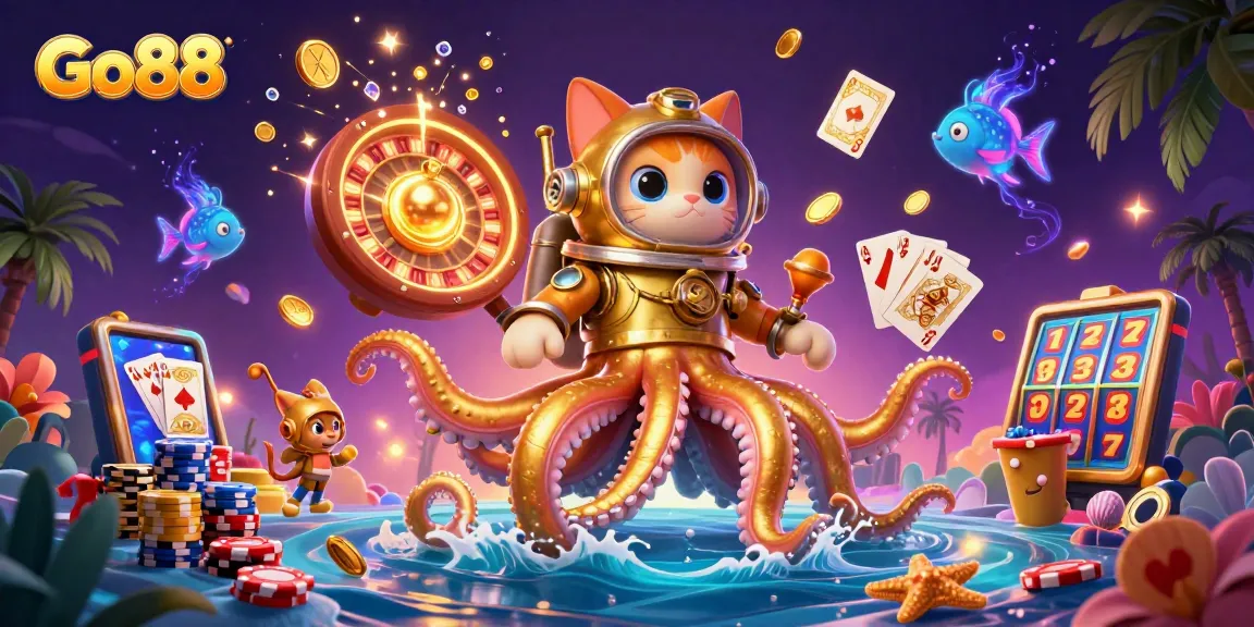 Experience thrilling gaming at Go88 with a vibrant 3D scene featuring a kraken and diving cat.