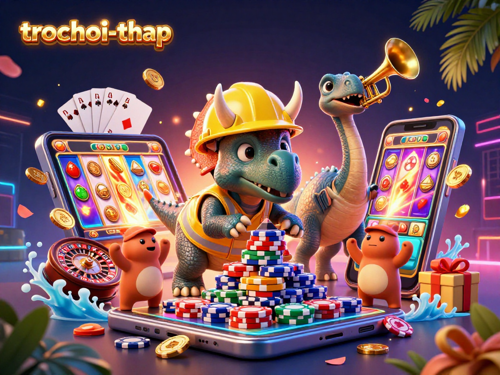 Engage in trochoi-thap with vibrant excitement as characters build a casino pyramid surrounded by interactive game elements.