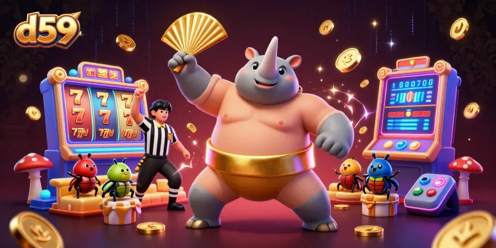 Dive into thrilling gameplay with d59 as a rhinoceros beetle champion sends coins flying in a vibrant casino scene.