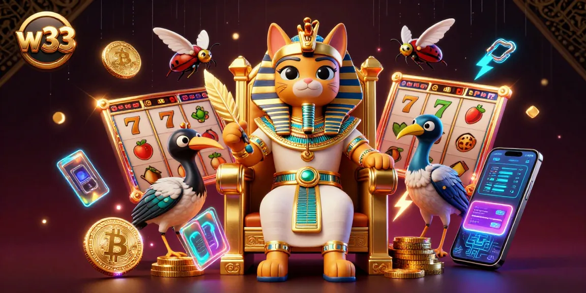 Engage with exciting w33 pokies featuring a pharaoh cat and classic slot elements.