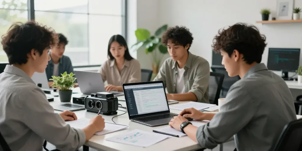 Engaged professionals using an online AI transcription service in a modern workspace.
