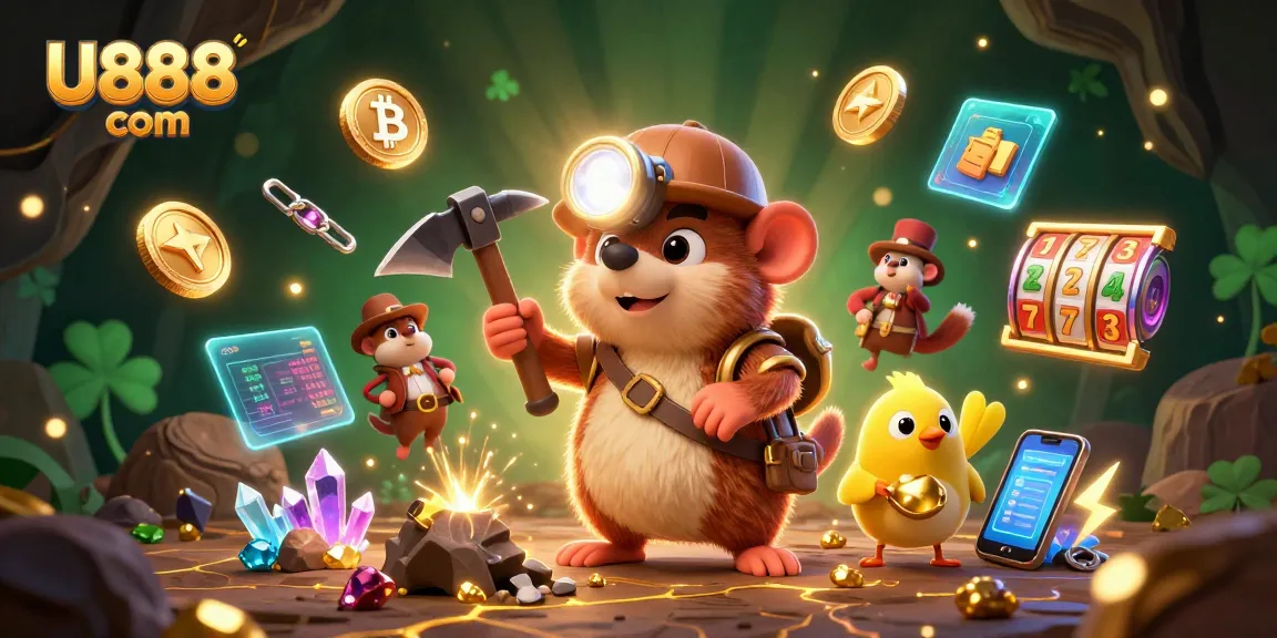 Experience thrilling gaming at U888 com with a treasure-hunting mole and crypto elements in a vibrant casino scene.